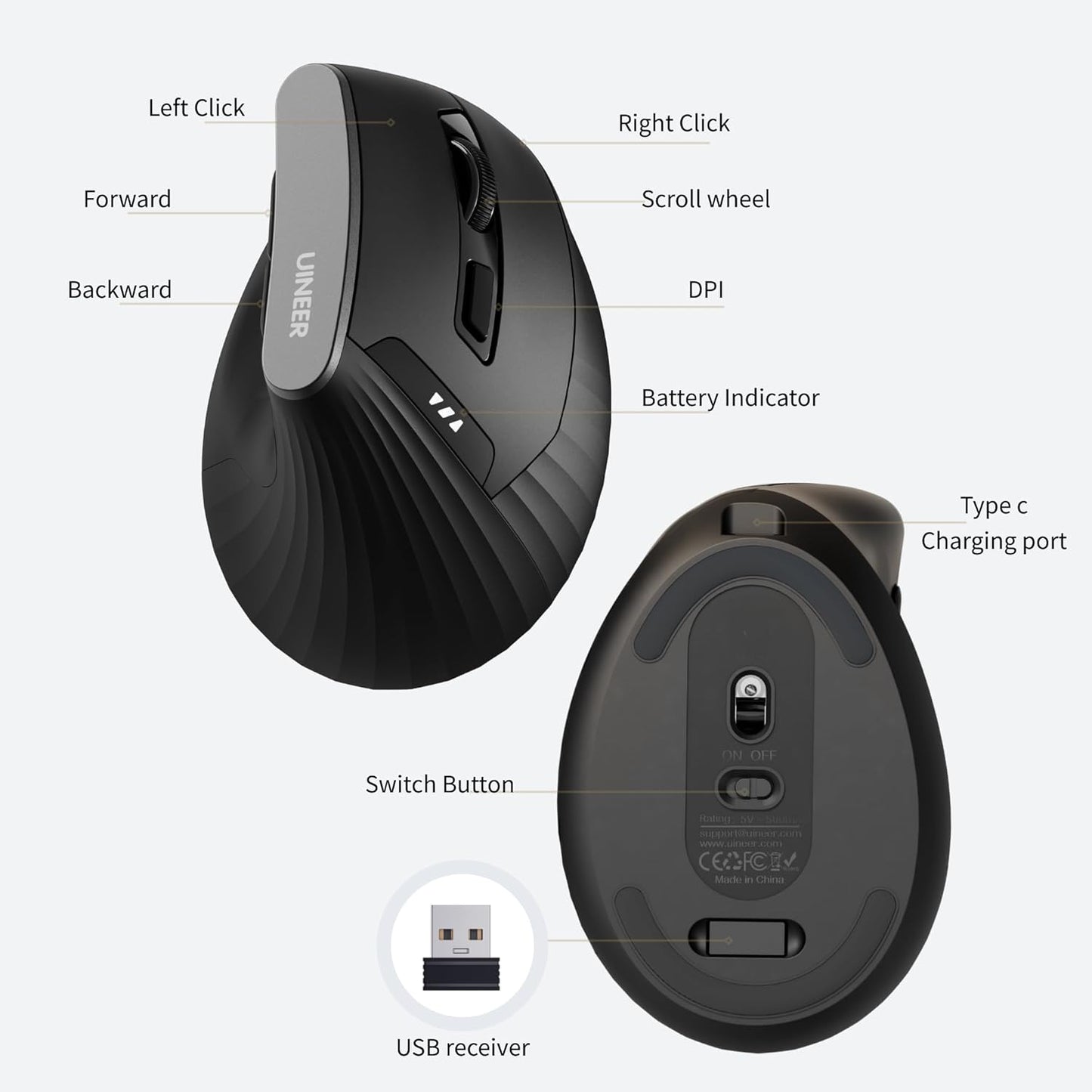 Uineer 2.4G Ergonomic Mouse - Wireless Vertical Computer Mouse with 4 Level Adjustable DPI,Ergonomic Design for S/M Hands, 2.4GHz Wireless Mice for Laptop (Battery Level Visible) 