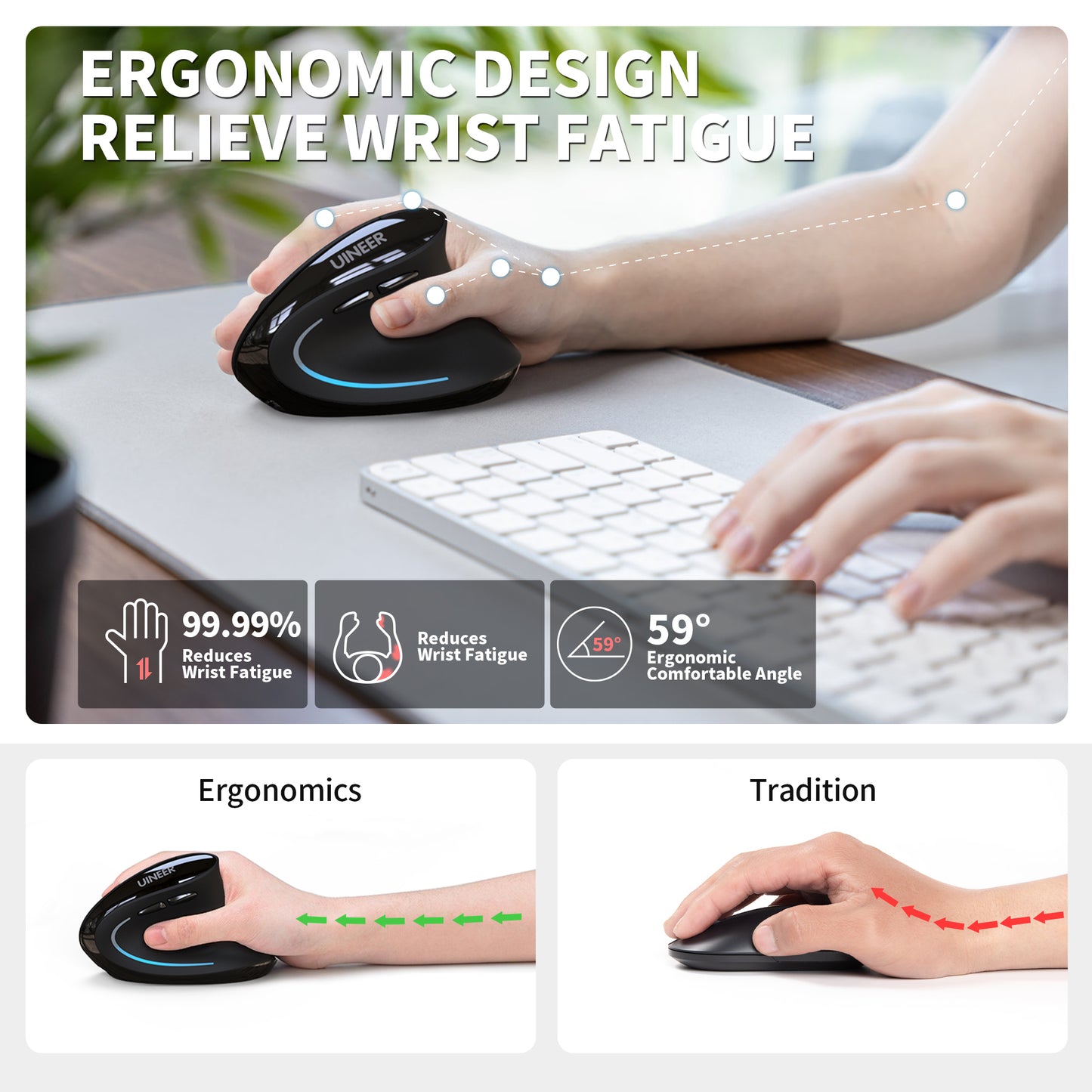 Uineer Ergonomic, Bluetooth Vertical Wireless Mouse, Reduce Wrist Pain, Lightweight, Quiet clicks Rechargeable, Bluetooth Mouse for Office, Compatible with PC, Laptop, MacBook