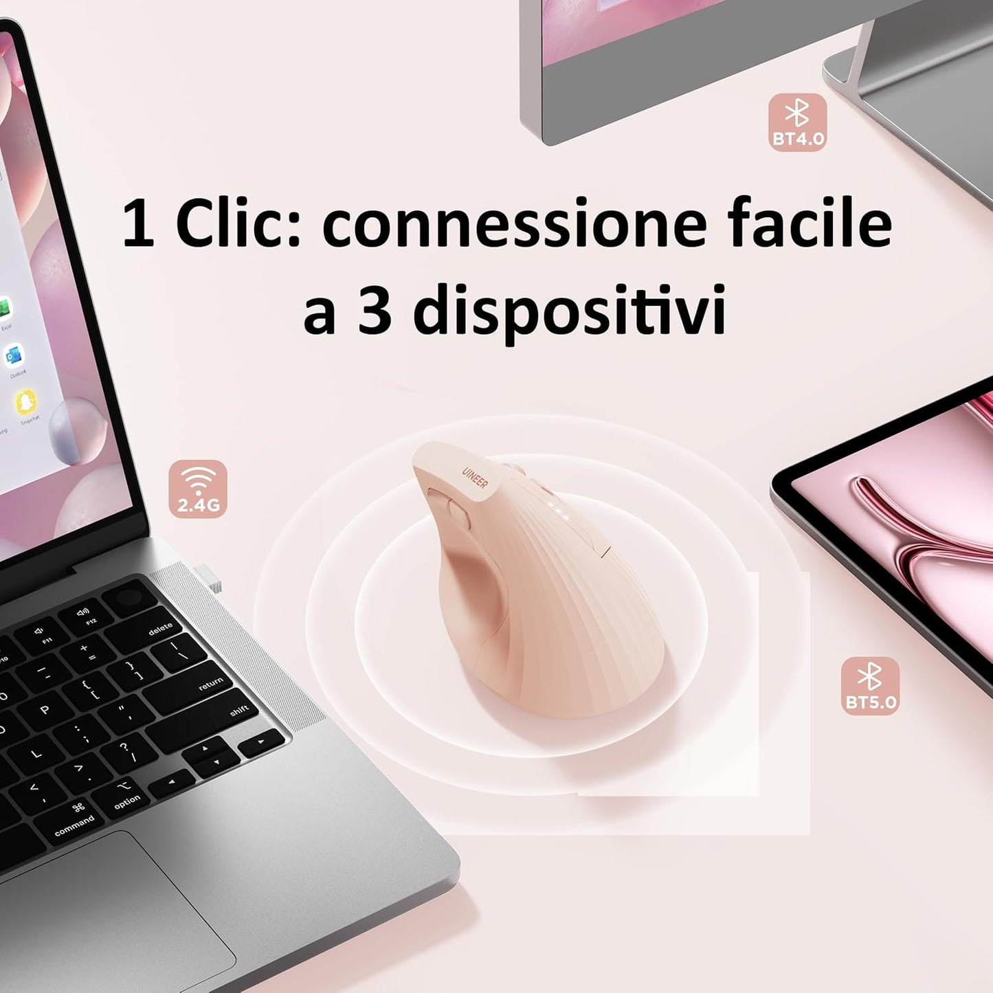 Uineer Ergonomic Wireless Mouse,Bluetooth Vertical Mouse with BT5.0/4.0/2.4G, Rechargeable with Battery Indicator,Ergonomic Design for Comfort and Reduced Wrist Strain for Home,Office Use,Black