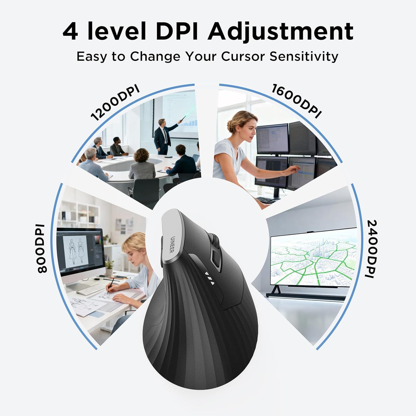 Uineer 2.4G Ergonomic Mouse - Wireless Vertical Computer Mouse with 4 Level Adjustable DPI,Ergonomic Design for S/M Hands, 2.4GHz Wireless Mice for Laptop (Battery Level Visible) ﻿