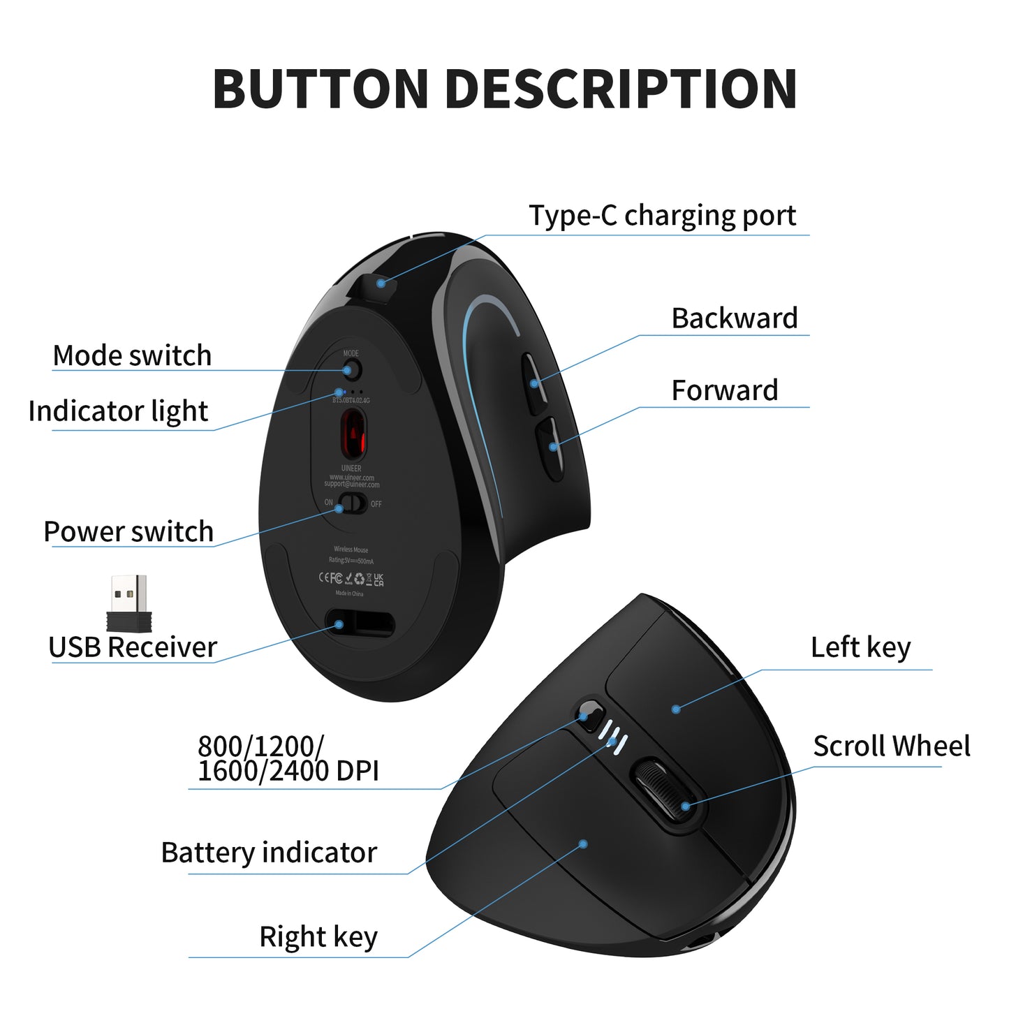 Uineer Ergonomic, Bluetooth Vertical Wireless Mouse, Reduce Wrist Pain, Lightweight, Quiet clicks Rechargeable, Bluetooth Mouse for Office, Compatible with PC, Laptop, MacBook