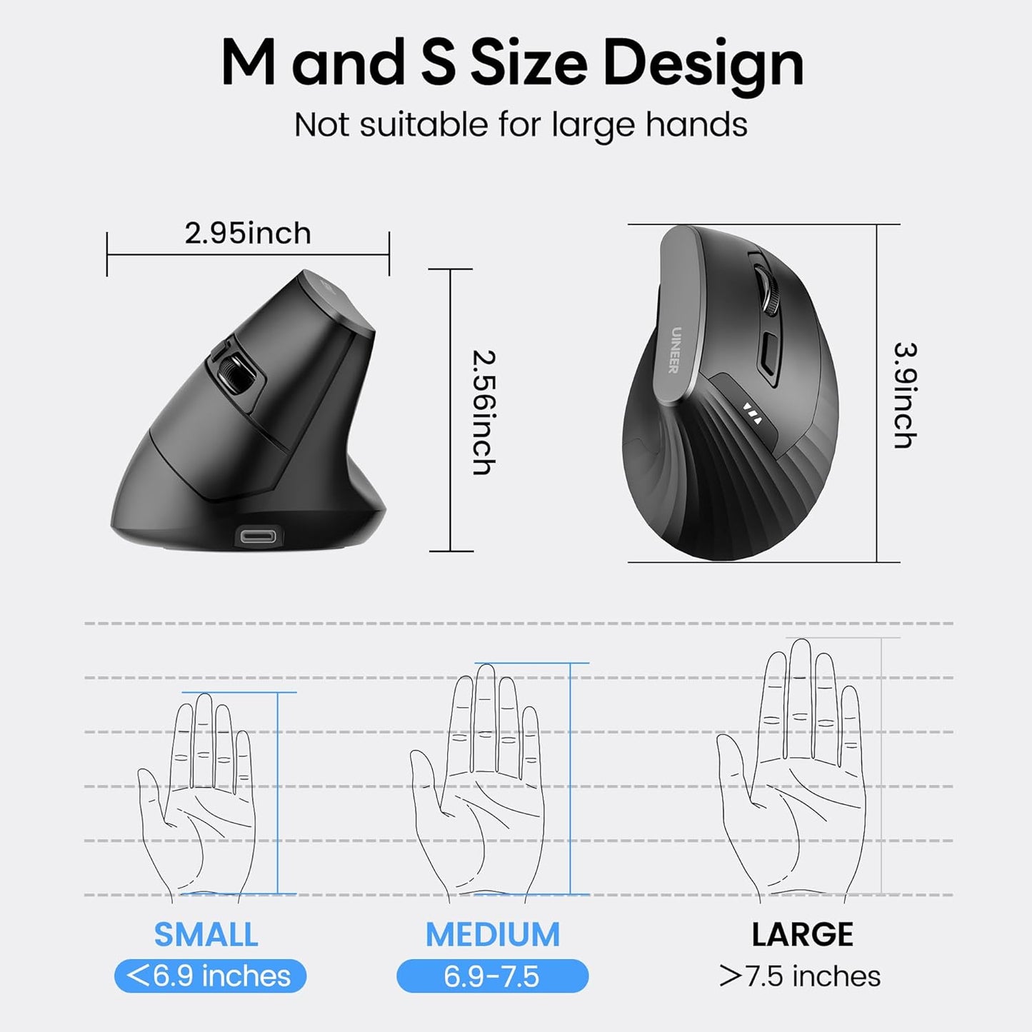 Uineer 2.4G Ergonomic Mouse - Wireless Vertical Computer Mouse with 4 Level Adjustable DPI,Ergonomic Design for S/M Hands, 2.4GHz Wireless Mice for Laptop (Battery Level Visible) ﻿